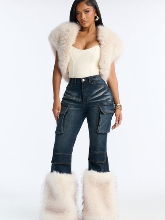 Fashion Nova Denim - Fashion Nova Faux Fur Trim Cargo Flare Jeans NWT